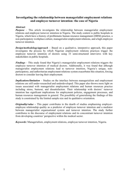 Investigating the Relationship Between Managerialist Employment Relations and Employee Turnover Intention: the Case of Nigeria