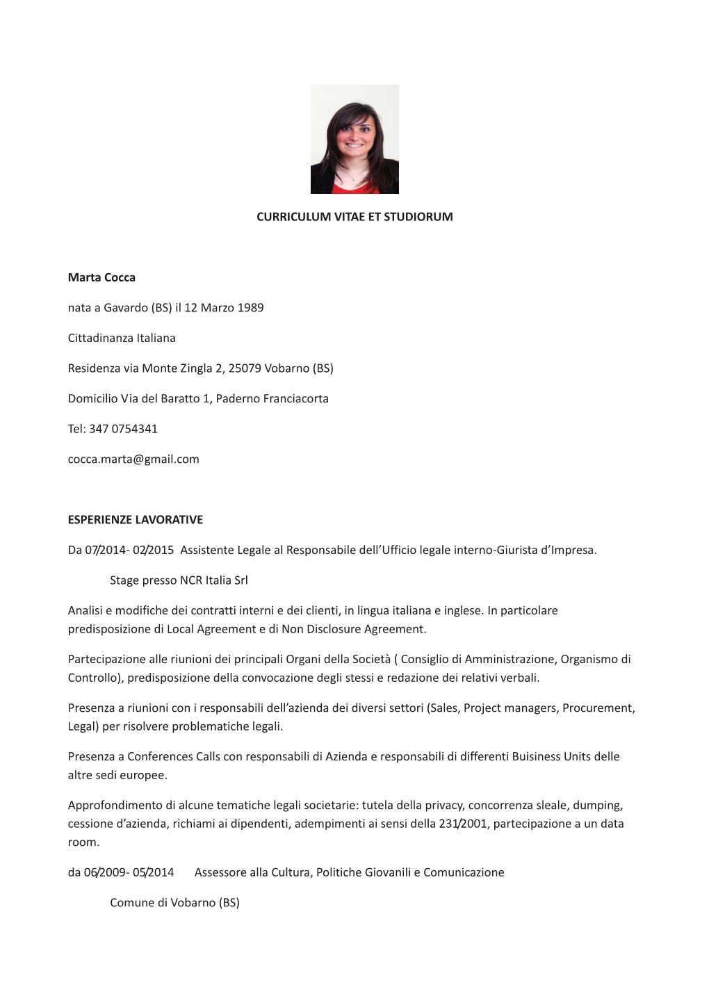 CURRICULUM VITAE ET STUDIORUM Marta Cocca Nata A