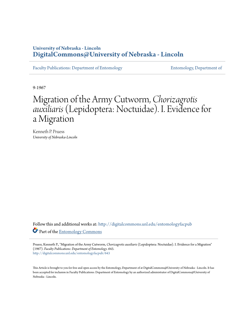 Migration of the Army Cutworm, Chorizagrotis Auxiliaris (Lepidoptera: Noctuidae)