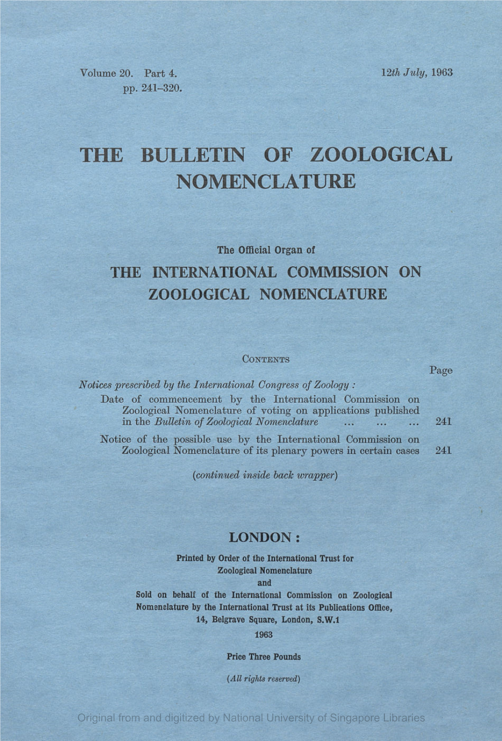 The Bulletin of Zoological Nomenclature, Vol.20, Part 4