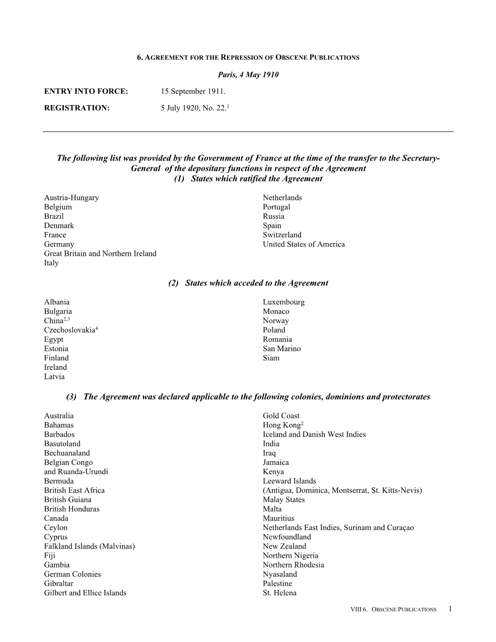 The Following List Was Provided by the Government of France at the Time of the Transfer to the Secretary- General of the Deposi