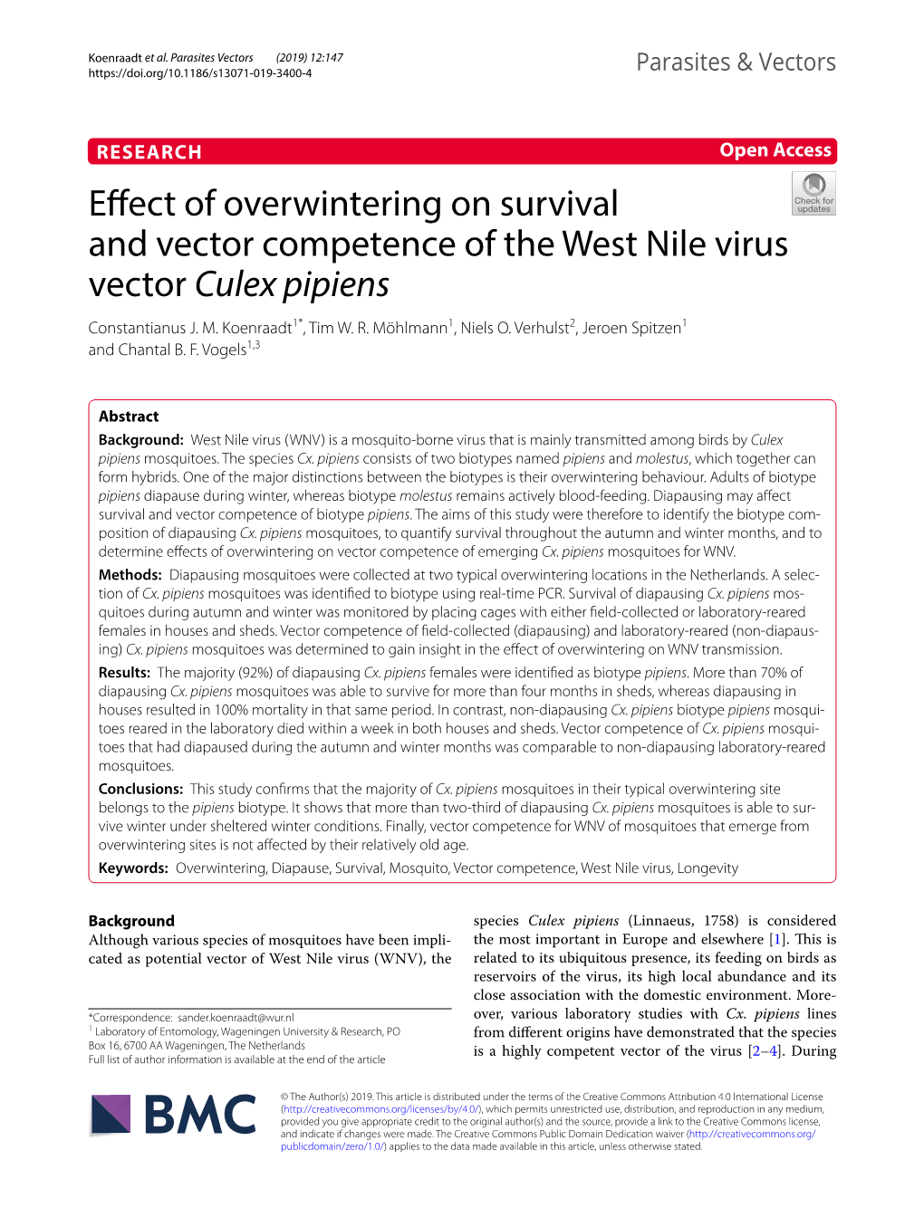 Effect of Overwintering on Survival and Vector Competence of the West Nile