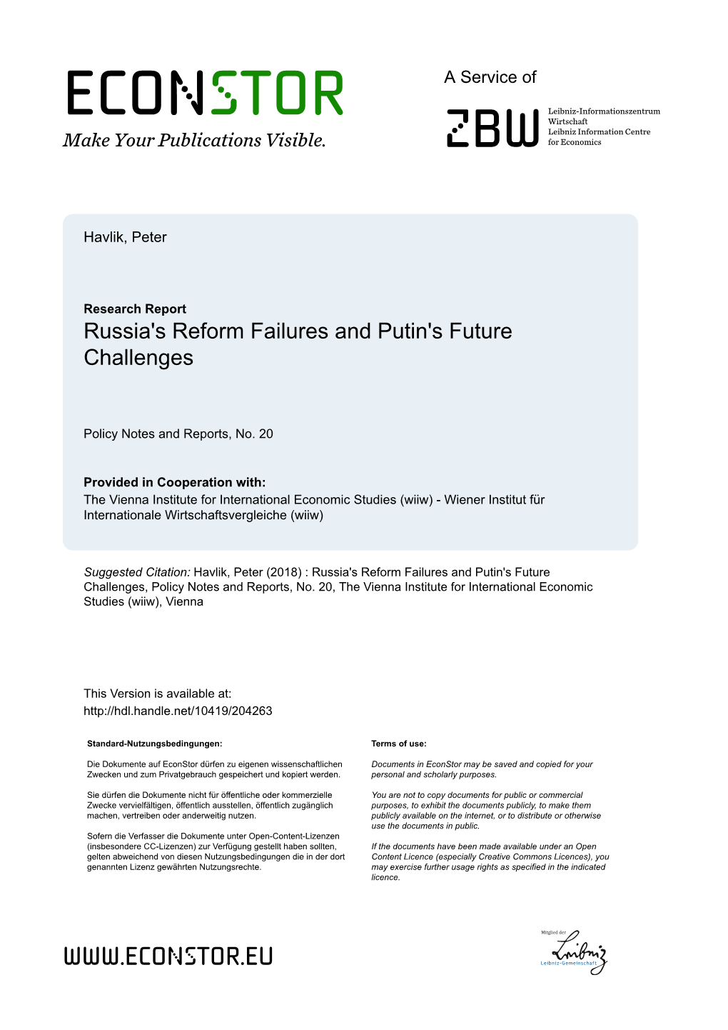 Russia's Reform Failures and Putin's Future Challenges