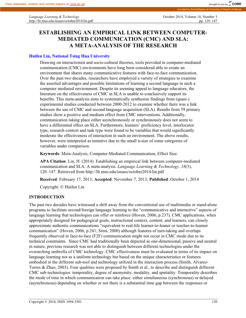 Establishing an Empirical Link Between Computer-Mediated Communication and SLA: a Meta-Analysis