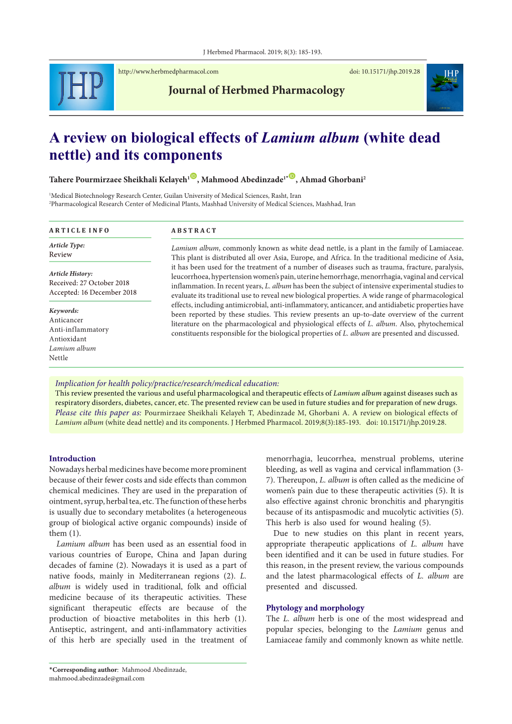 A Review on Biological Effects of Lamium Album (White Dead Nettle) and Its Components