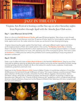 JAZZ in the CITY Virginia Arts Festival Is Hosting a Stellar Line-Up on Select Saturday Nights from September Through April with the Attucks Jazz Club Series