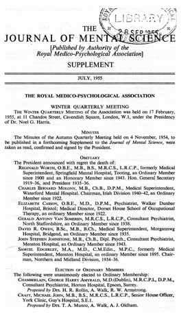 JOURNAL of MEN [Published by Authority of the Royal Medico-Psychological Association] SUPPLEMENT JULY, 1955