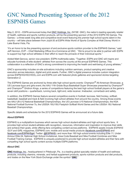 GNC Named Presenting Sponsor of the 2012 ESPNHS Games