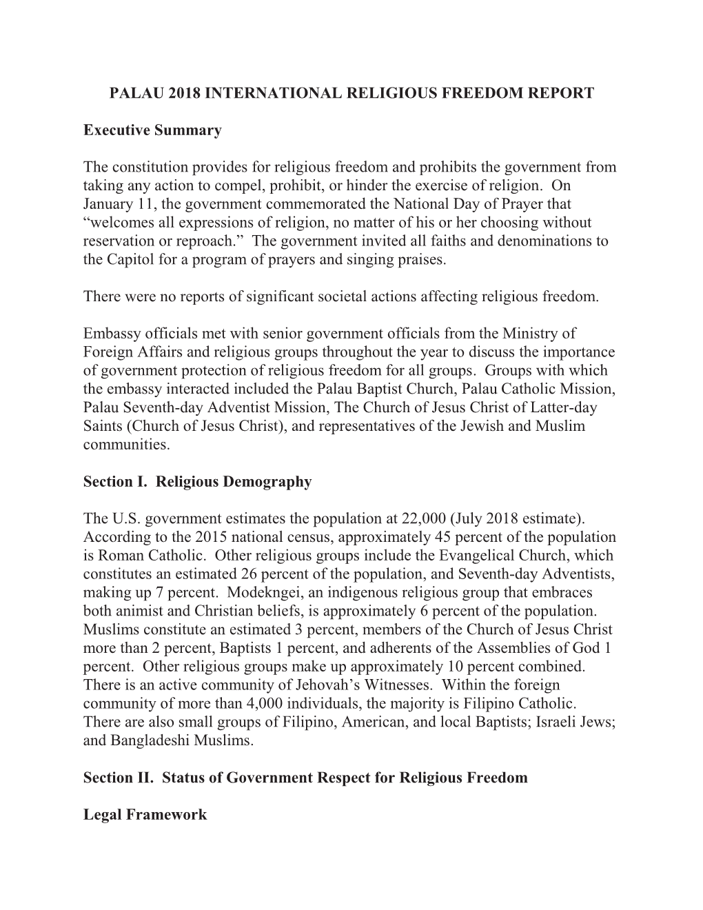 Palau 2018 International Religious Freedom Report