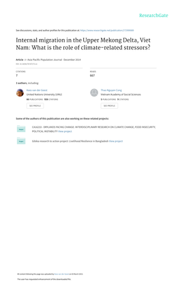 Internal Migration in the Upper Mekong Delta, Viet Nam: What Is the Role of Climate-Related Stressors?