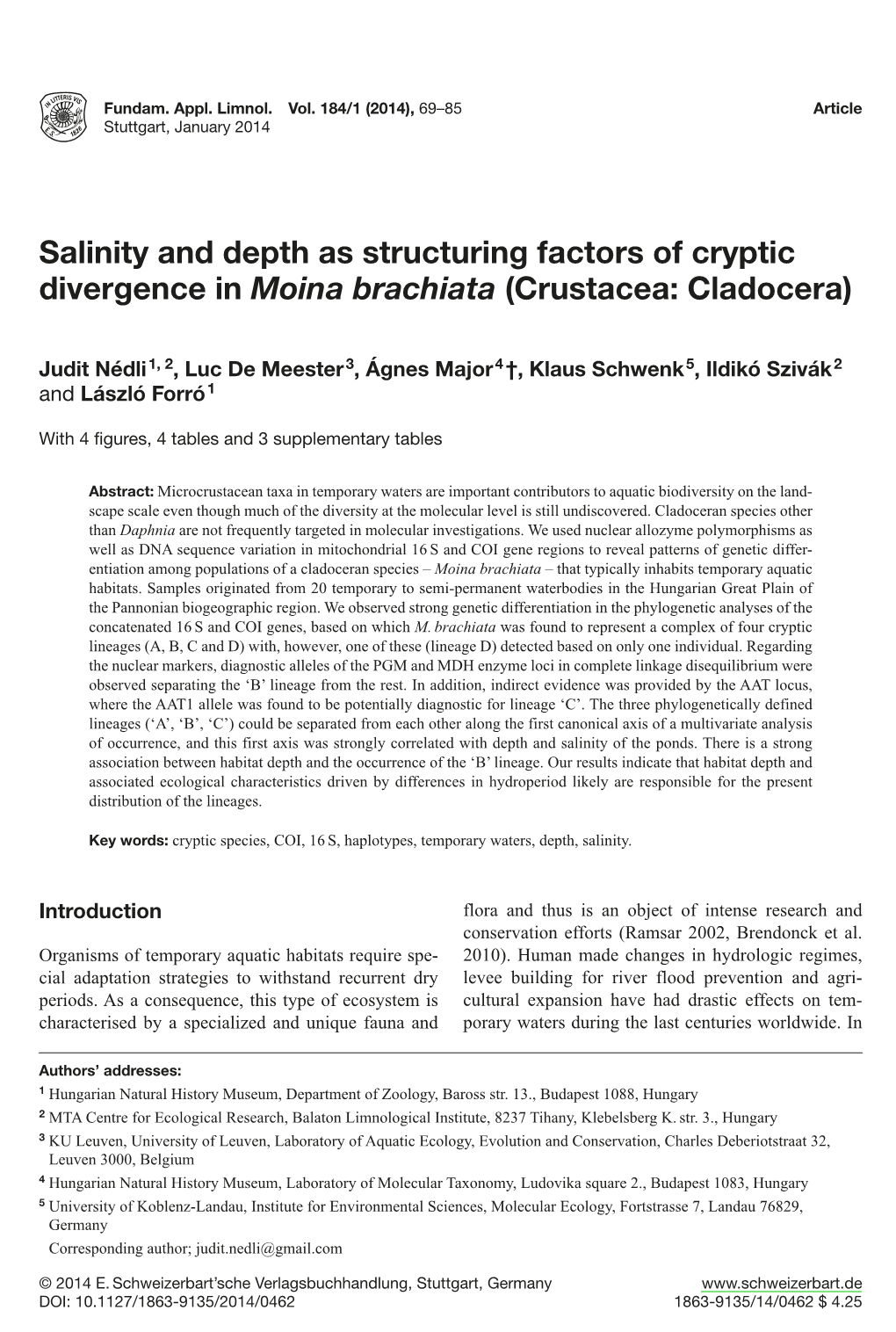 Salinity and Depth As Structuring Factors of Cryptic Divergence in Moina Brachiata (Crustacea: Cladocera)