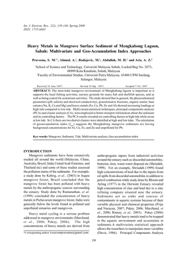 Heavy Metals in Mangrove Surface Sediment of Mengkabong Lagoon, Sabah: Multivariate and Geo-Accumulation Index Approaches