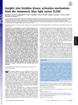 Insights Into Histidine Kinase Activation Mechanisms from the Monomeric Blue Light Sensor EL346