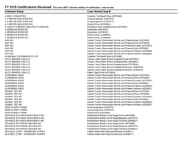 Fiscal Year 2015 Certifications Received Report