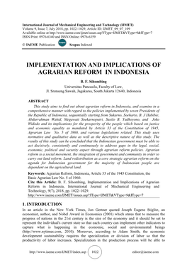 Implementation and Implications of Agrarian Reform in Indonesia