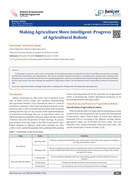 Making Agriculture More Intelligent: Progress of Agricultural Robots