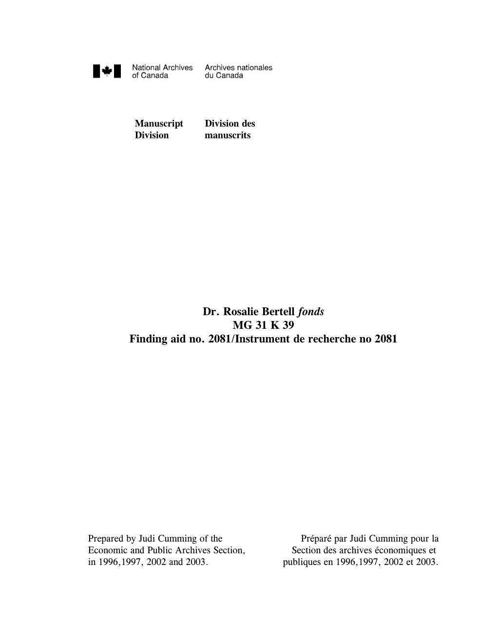 ••Bertell Finding Aid Without Subdoc Codes••