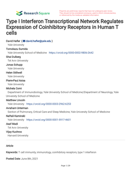 Type I Interferon Transcriptional Network Regulates Expression of Coinhibitory Receptors in Human T Cells