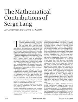 The Mathematical Contributions of Serge Lang, Volume 54, Number 4