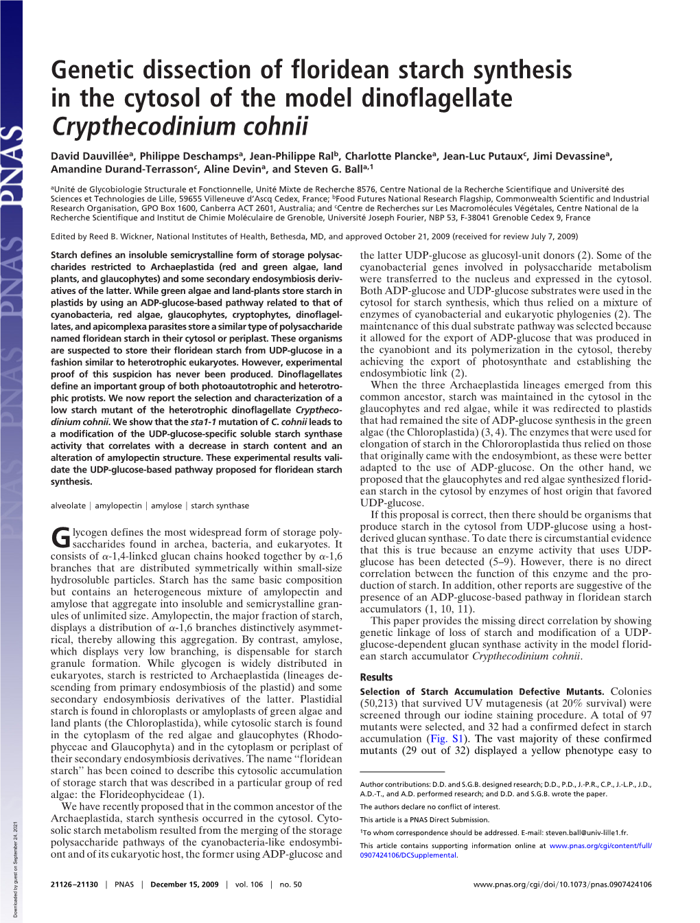 Genetic Dissection of Floridean Starch Synthesis in the Cytosol of the Model Dinoflagellate Crypthecodinium Cohnii