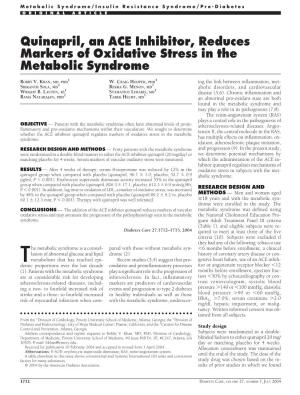 Quinapril, an ACE Inhibitor, Reduces Markers of Oxidative Stress in the Metabolic Syndrome