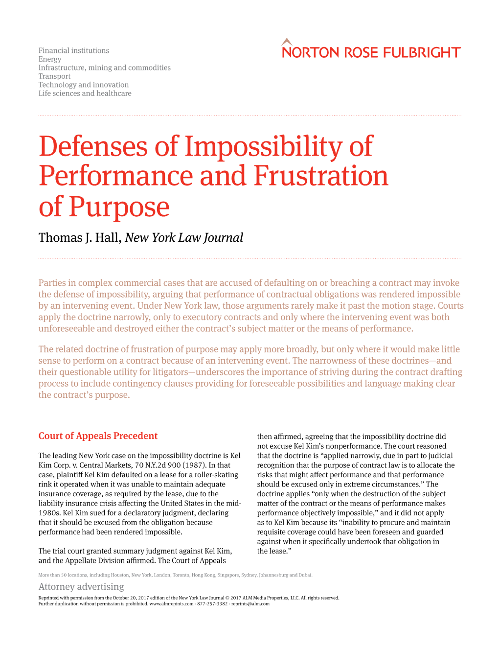 Defenses of Impossibility of Performance and Frustration of Purpose Thomas J