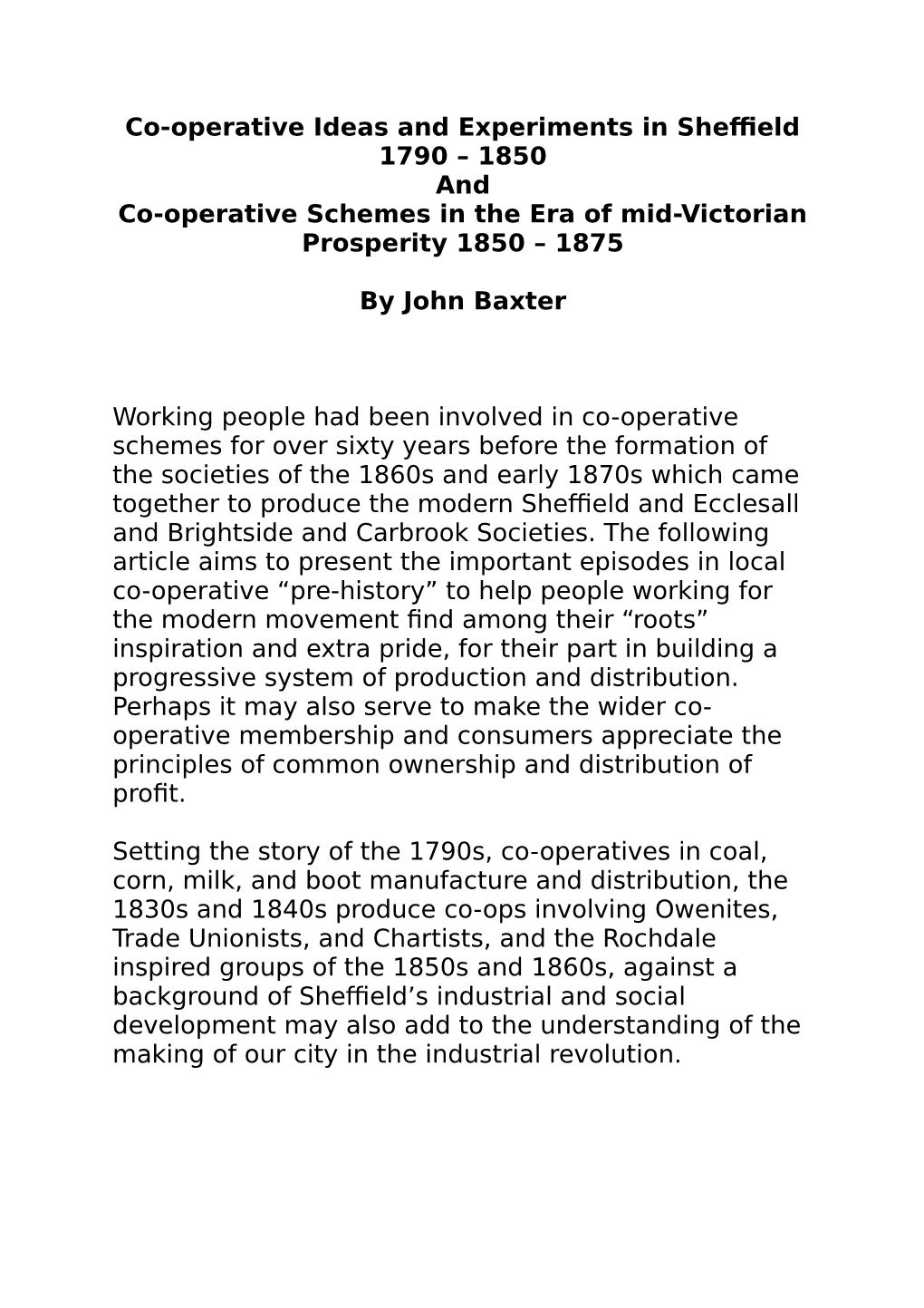 Early Co-Operatives in Sheffield