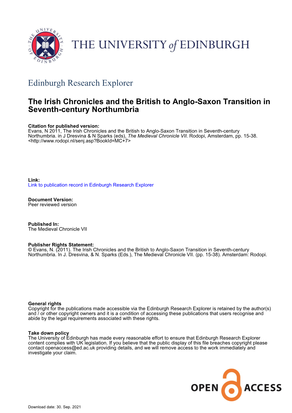 The Irish Chronicles and the British to Anglo-Saxon Transition In