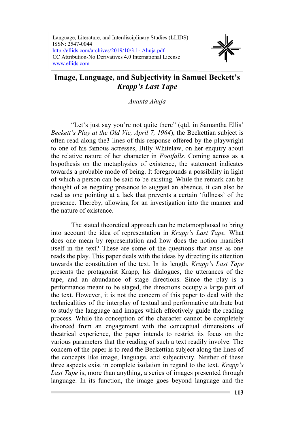 Image, Language, and Subjectivity in Samuel Beckett's Krapp's Last Tape