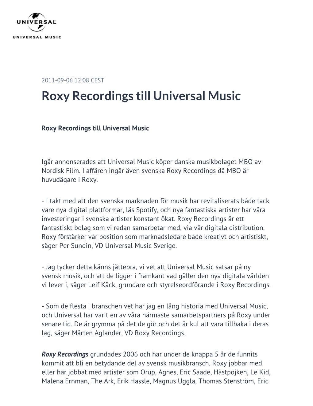 Roxy Recordings Till Universal Music