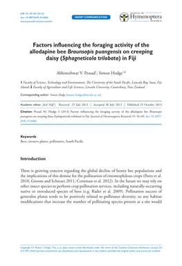 Factors Influencing the Foraging Activity of the Allodapine Bee Braunsapis Puangensis on Creeping Daisy (Sphagneticola Trilobata) in Fiji