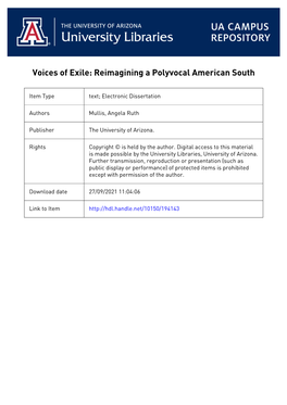 VOICES of EXILE: REIMAGINING a POLYVOCAL AMERICAN SOUTH by Angela Ruth Mullis