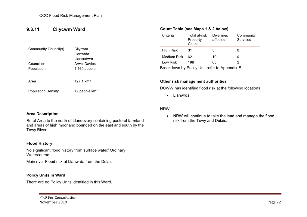 Cilycwm Ward Count Table (See Maps 1 & 2 Below) Criteria Total At-Risk Dwellings Community Property Affected Services