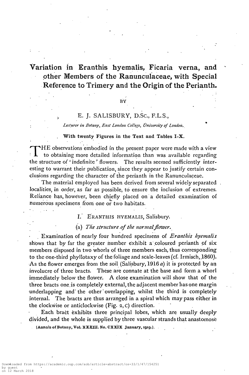 Variation in Eranthis Hyemalis, Ficaria Verna, and Other Members of the Ranunculaceae, with Special Reference to Trimery and the Origin of the Perianth