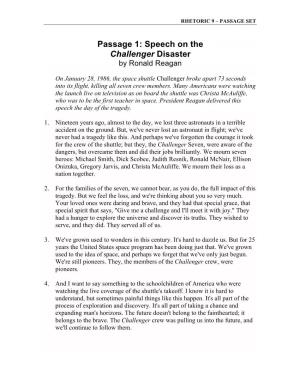 Passage 1: Speech on the Challenger Disaster by Ronald Reagan