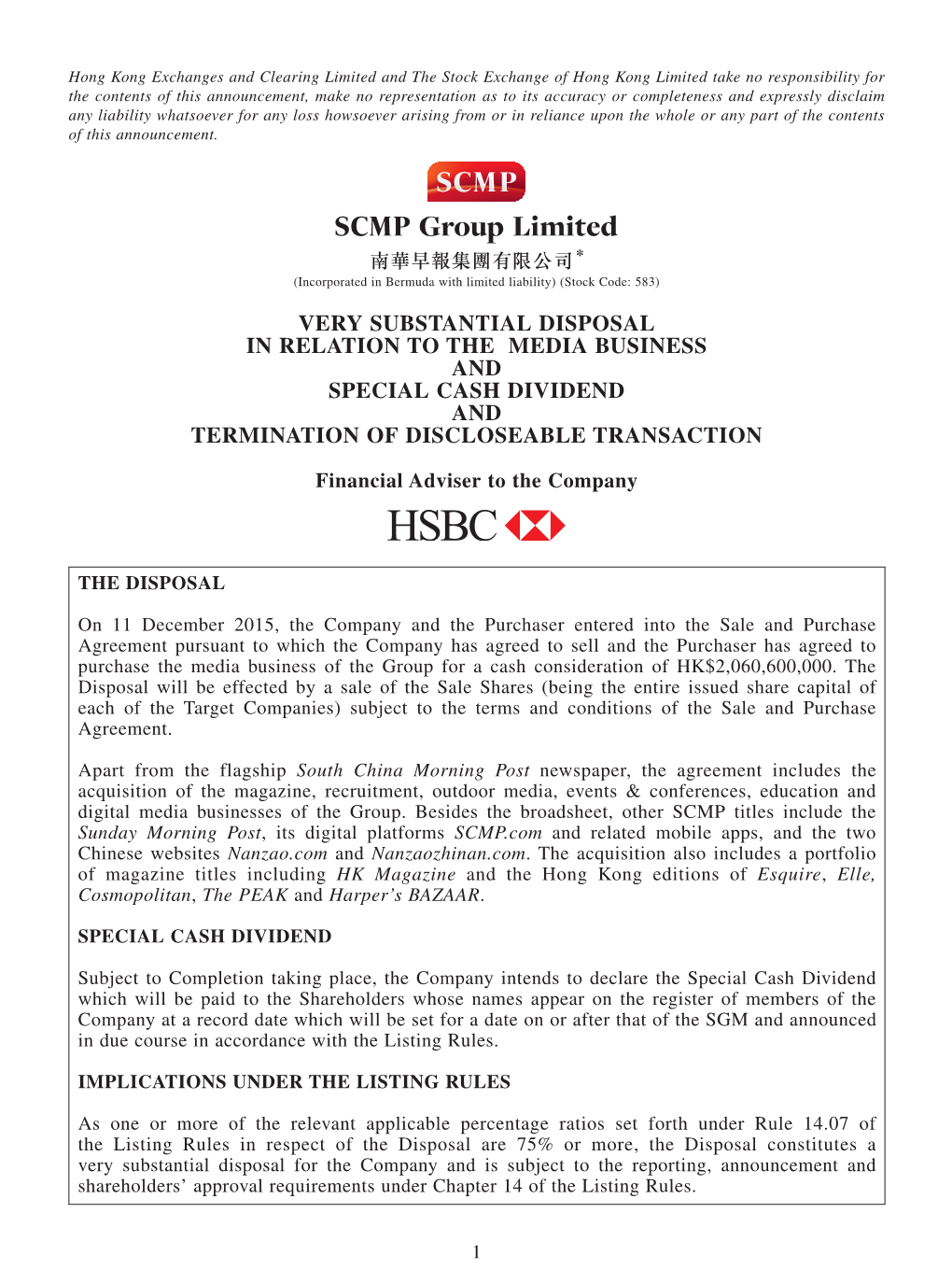 Very Substantial Disposal in Relation to the Media Business and Special Cash Dividend and Termination of Discloseable Transaction