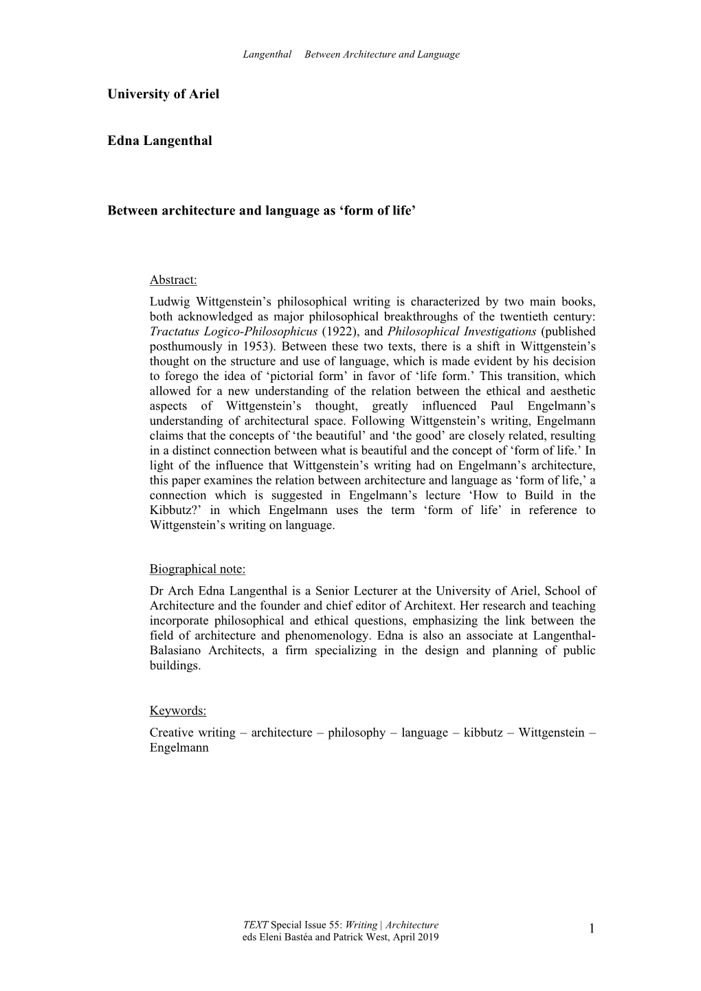 The Concept of 'Form of Life' in Wittgenstein's Thought