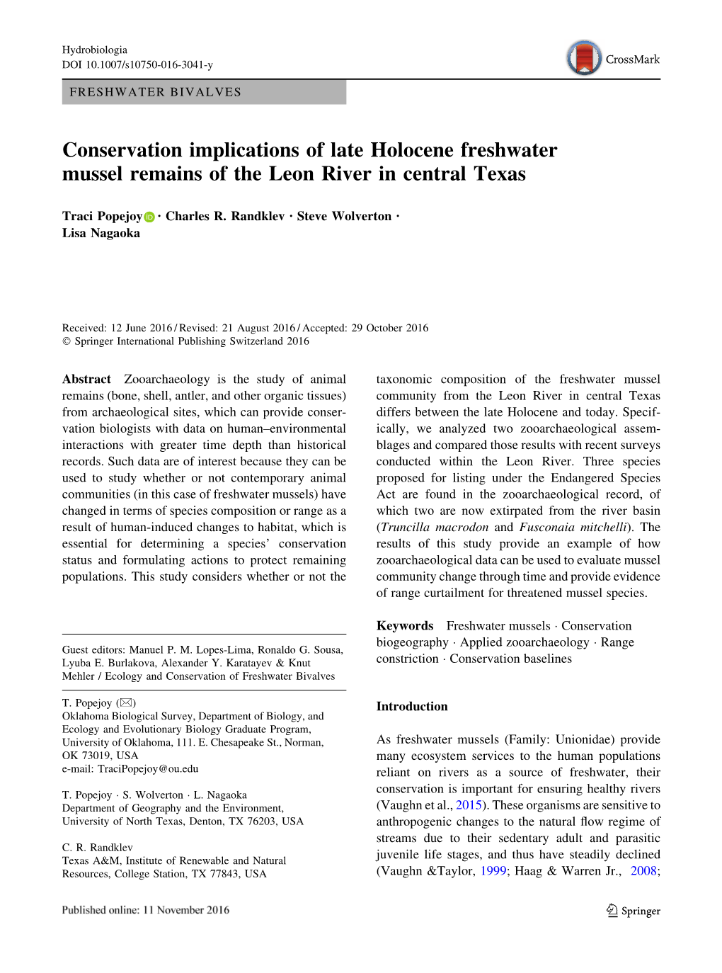 Conservation Implications of Late Holocene Freshwater Mussel Remains of the Leon River in Central Texas