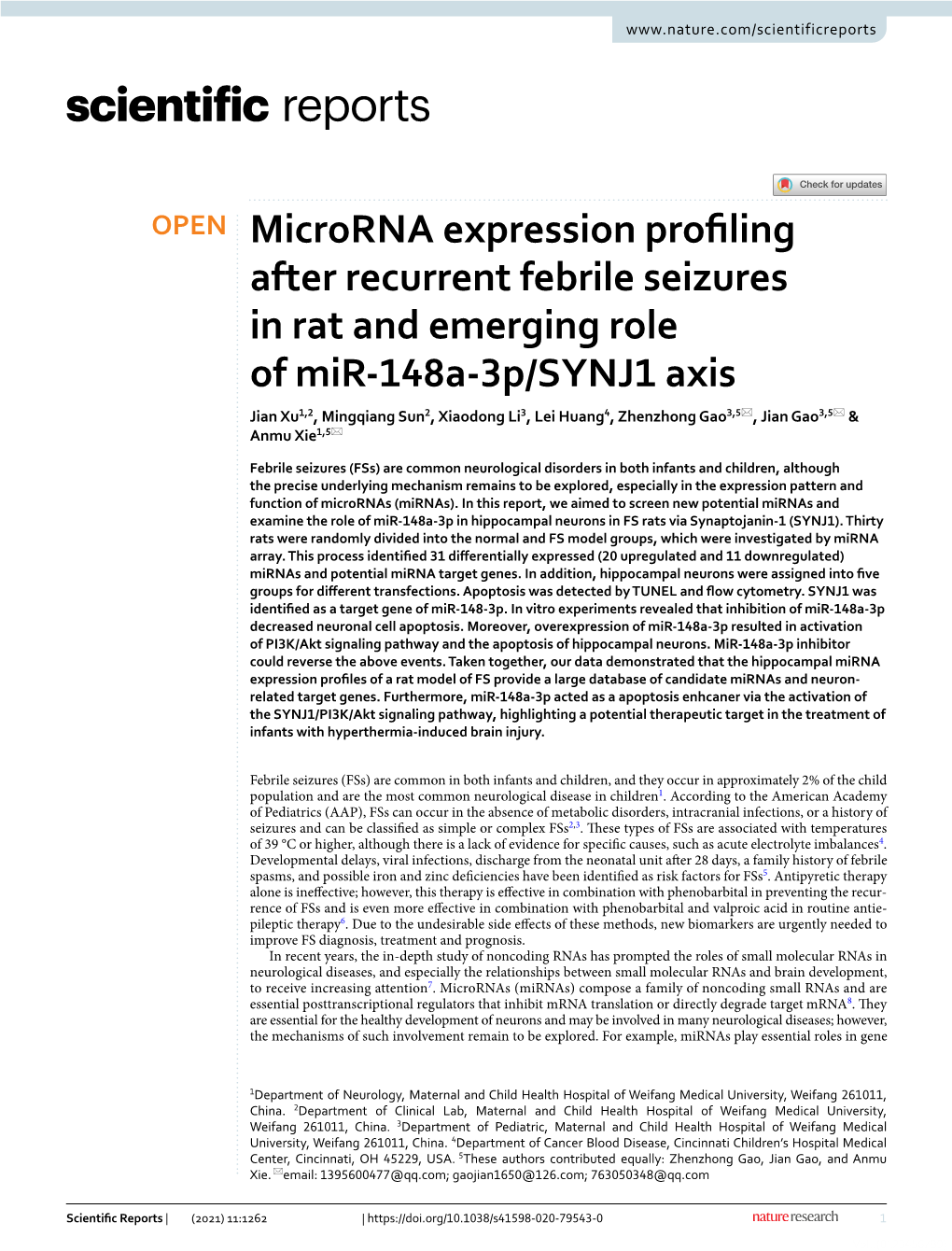 Microrna Expression Profiling After Recurrent Febrile Seizures in Rat and Emerging Role of Mir-148A-3P/SYNJ1 Axis