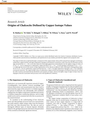 Research Article Origins of Chalcocite Defined by Copper Isotope Values