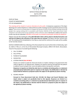 NOTICE of REGULAR MEETING April 22, 2020 SHENANDOAH CITY COUNCIL
