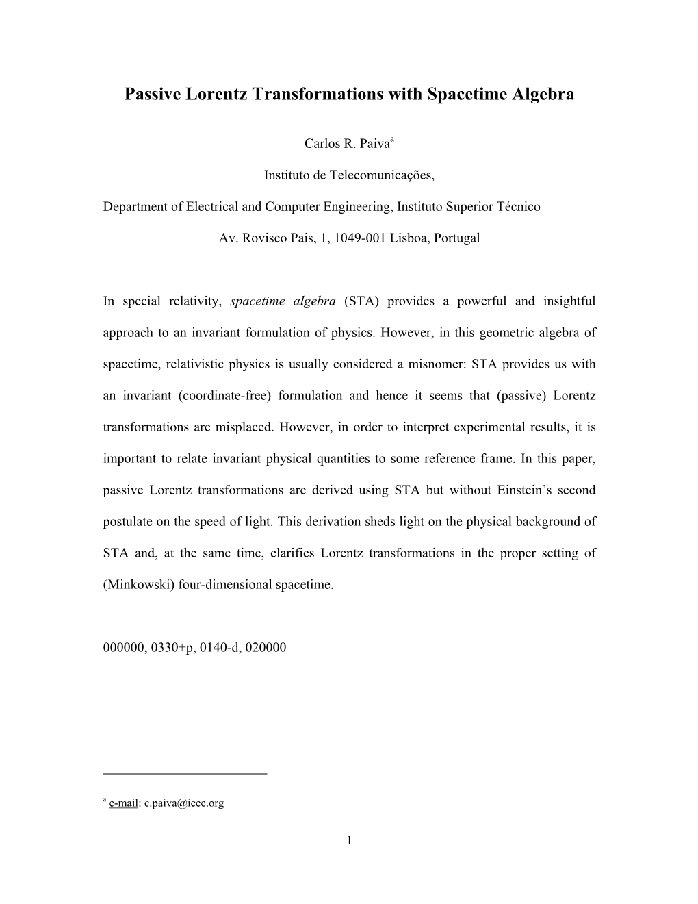 Passive Lorentz Transformations with Spacetime Algebra