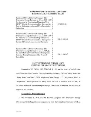 COMMONWEALTH of MASSACHUSETTS ENERGY FACILITIES SITING BOARD Petition of NSTAR Electric Company D/B/A Eversource Energy Pursuan