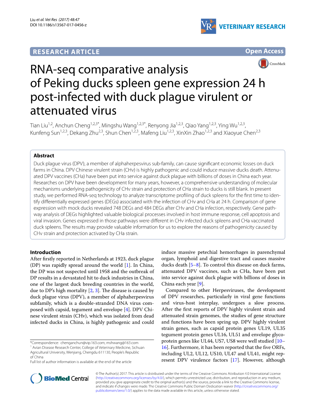 RNA-Seq Comparative Analysis of Peking Ducks Spleen Gene