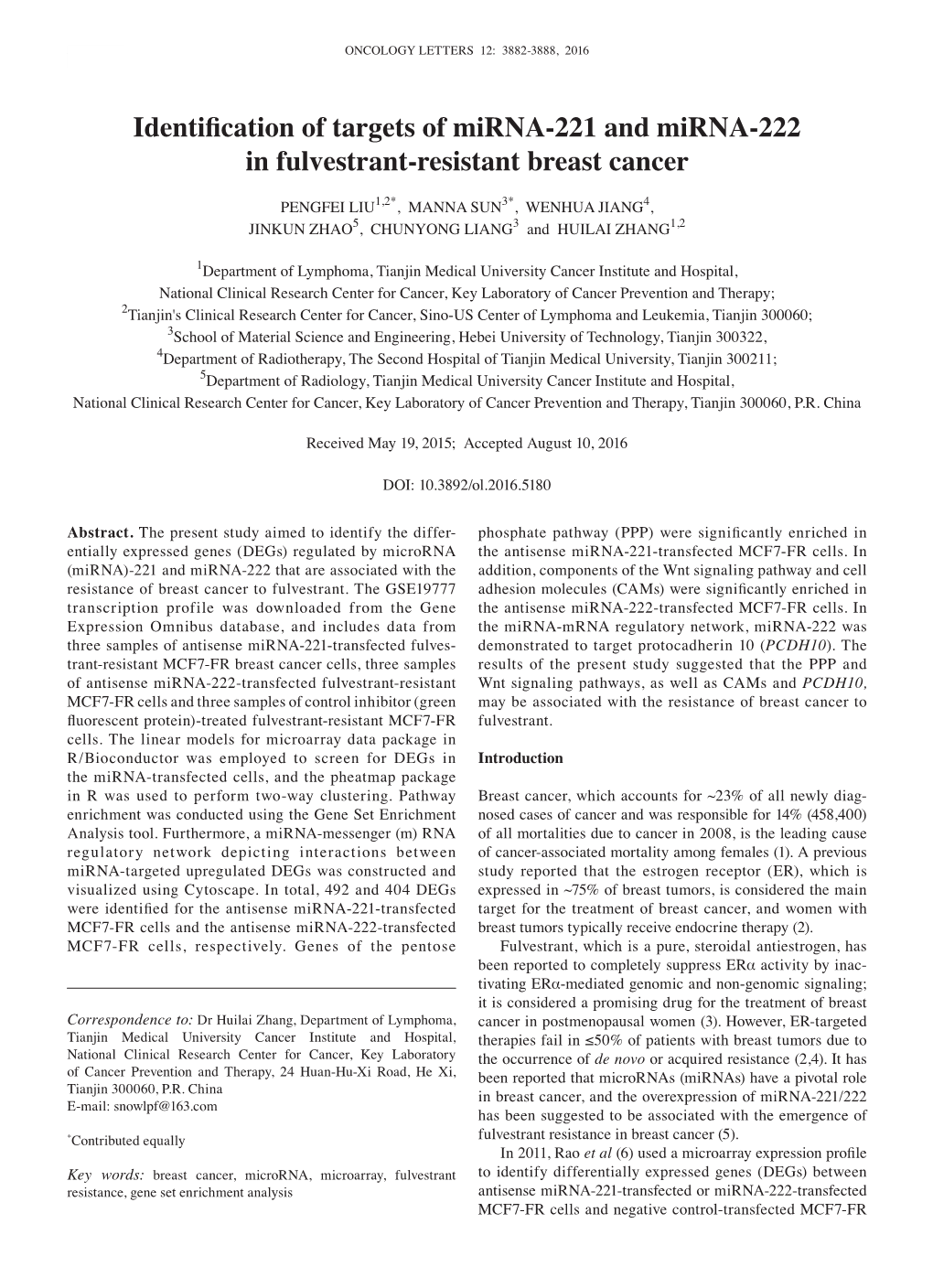 Identification of Targets of Mirna-221 and Mirna-222 in Fulvestrant-Resistant Breast Cancer