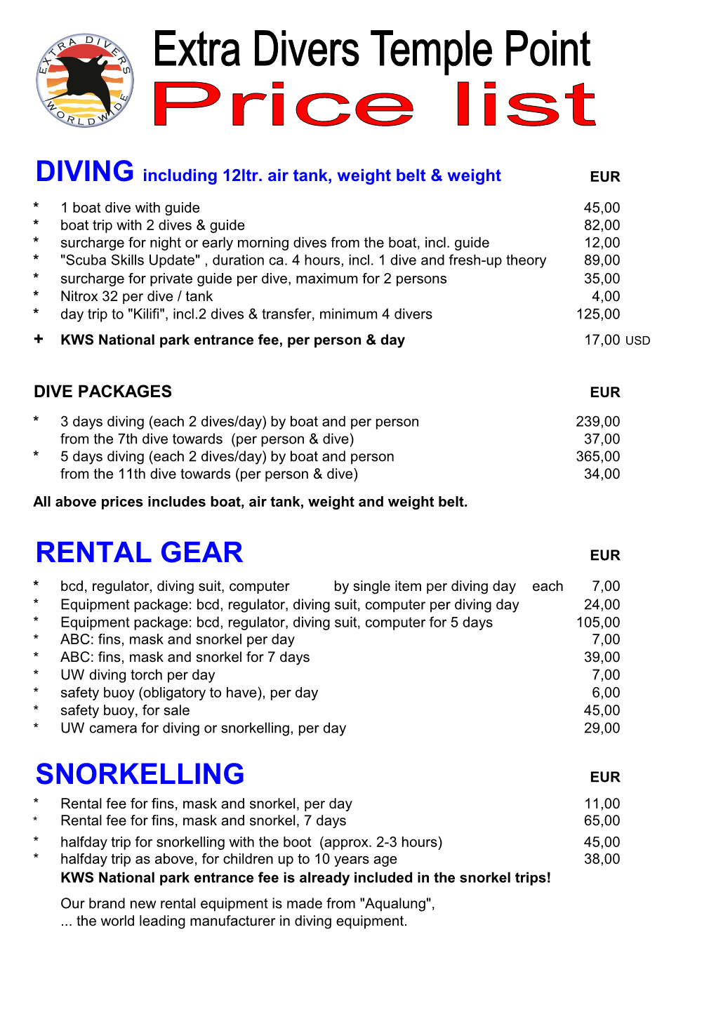 Rental Gear Snorkelling