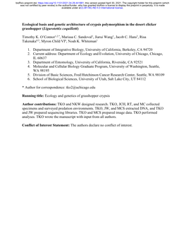 Ecological Basis and Genetic Architecture of Crypsis Polymorphism in the Desert Clicker Grasshopper (Ligurotettix Coquilletti)