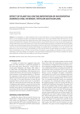Effect of Plant Oils on the Infestation of Rhyzopertha Dominica (Fab.) in Wheat, Triticum Aestivum Linn