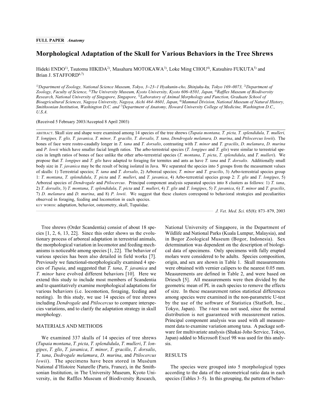 Morphological Adaptation of the Skull for Various Behaviors in the Tree Shrews