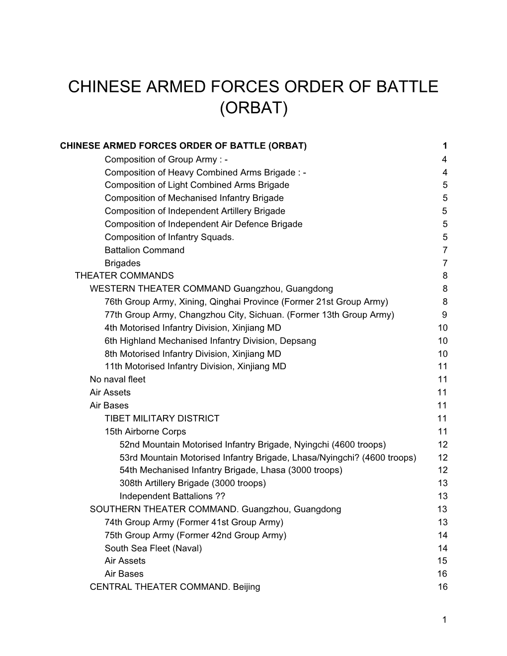 Chinese Armed Forces Order of Battle (Orbat)